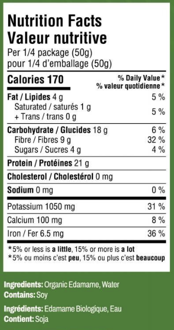Nutrition facts label for Organic Edamame Fettuccine