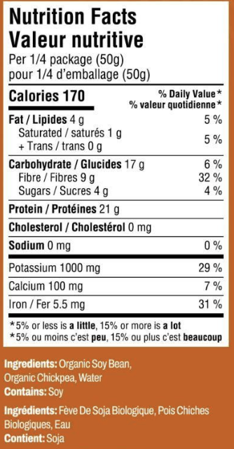 Nutrition facts label for Organic Soy Bean & Chickpea Spaghetti